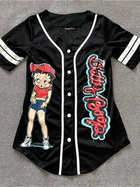 Betty Boop Black Baseball Jersey with Teal & Red Graphic